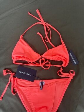 PrettyLittleThing Neon Coral Tie-Side Bikini Set